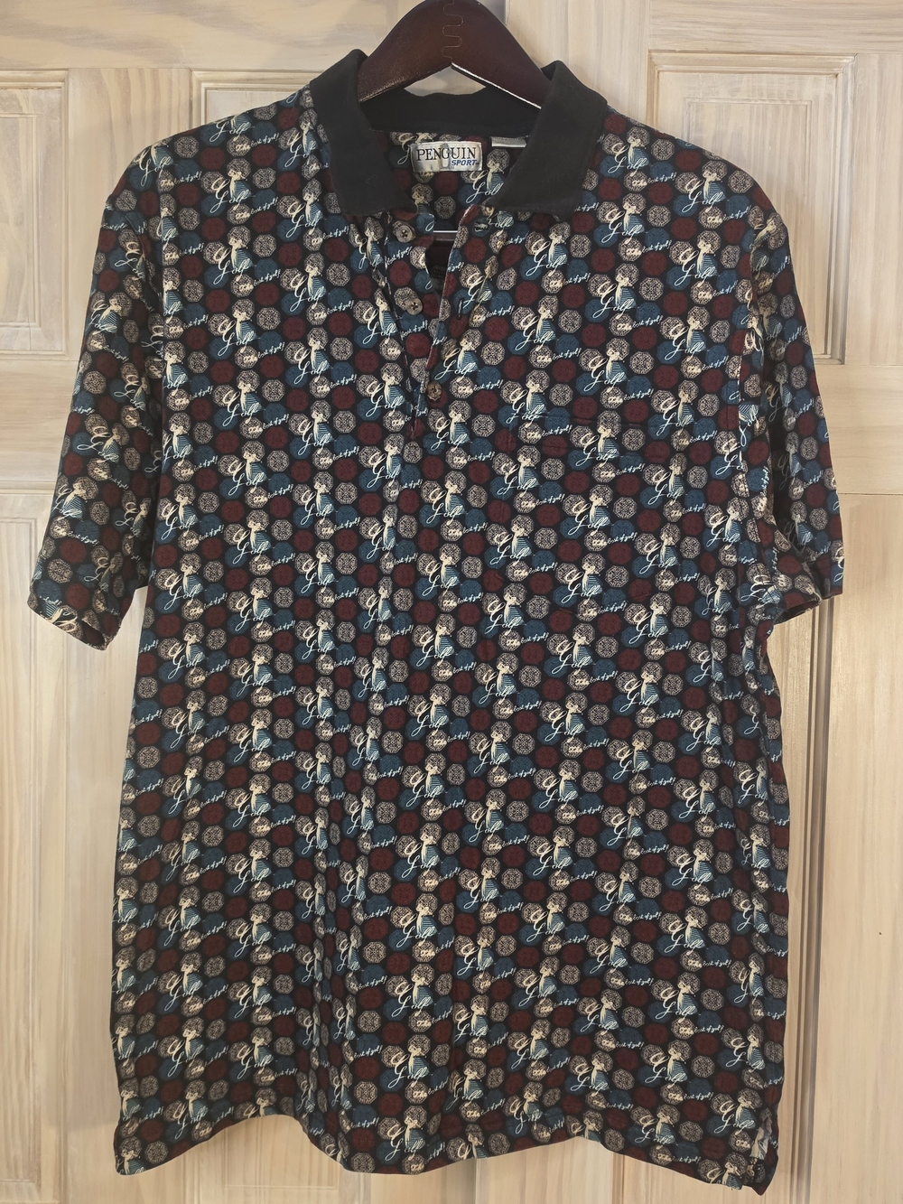 Original Penguin Black-Collar Multi-Pattern Polo In Green, Red, Cream Accents XL